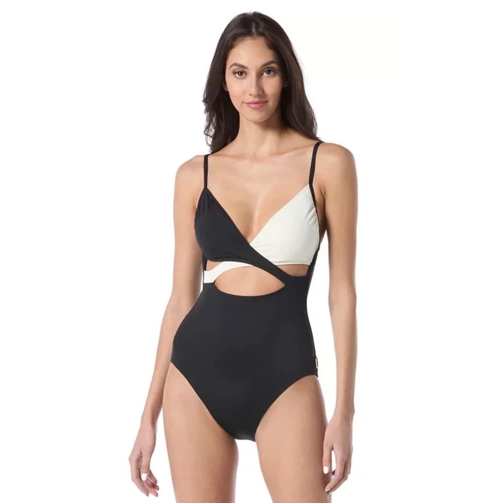 Vince‎ Camuto Womens Black White Colorblock Cutout One Piece Swimsuit Sz 10 $126